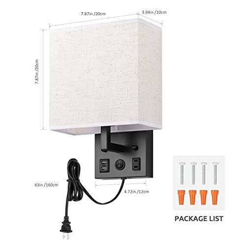HAITRAL Wall Sconces Plug in with Bulbs - Wall Lamps for Bedroom with USB and Outlet,Sconces Wall Decor Set of 2 with Switch and Bulb Wall Light Fixtures for Living Room,Bedroom(Include Bulbs)-Black
