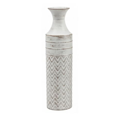 Hosley 16 Inch Decorative White Metal Vase, Distressed Chevron Tabletop Vase, Rustic Farmhouse Cylinder Flower Vase for Dining Table, Fireplace Mantel, Shelf, Kitchen Counter Home Decor - color: White Wash, size: 16" High