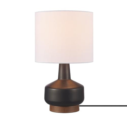 Globe Electric 15" Ceramic Table Lamp, Matte Black Base, Wood-Toned Accent, White Linen Shade, Dual Rotary Switch, Modern Bedroom or Office Lighting, 61000046 - color: Black