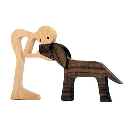 FHDTW Handmade Wooden Unique Gift for Dog Lover, Wooden Man and Dog Carving Statue, Wood Sculpture Home Office Tabletop Figurine Carved Wood Decor (A) - color: A