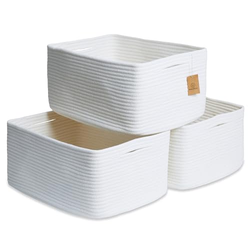 NaturalCozy Storage Baskets 16.8”x13”x7.6” Cotton Rope Woven Baskets for Organizing 3-Pack | Toy Storage Bins | Basket for Shelves, Laundry, Blanket, Clothes, Closet, Kitchen, Bathroom, Gifts - color: Off White