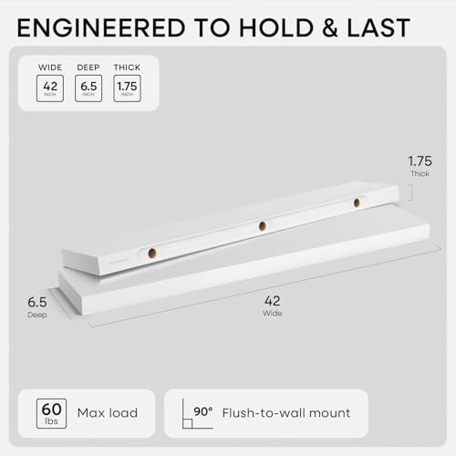 Homeforia 42 Inch Floating Shelves, High-End Solid Pine Wood, Set of 2 - color: Classic White - Soft Neutral Satin, size: 42 inch