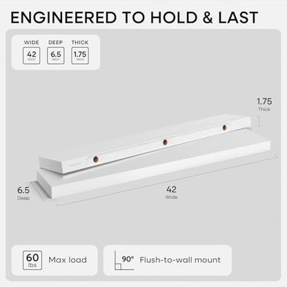 Homeforia 42 Inch Floating Shelves, High-End Solid Pine Wood, Set of 2 - color: Classic White - Soft Neutral Satin, size: 42 inch