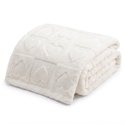 Americanflat 50x60 Jacquard Fleece Throw Blanket - Soft and Breathable Throw Blanket for Couch, Bed, Chair - Fleece Blankets Perfect for Home, Bedroom, or Outdoor Use - Heart Design in Cream - color: Cream, size: 50x60, style: Heart