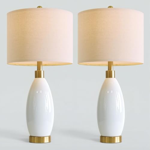 USumkky 24" White Oval Ceramic Table Lamp Set of 2, Modern Minimalist Bedside Nightstand Lamps for Bedroom Living Room, Linen Shade & Gold Metal Base, Rotary Switch E26 (Bulbs Excluded) - color: 24" Teardrop-2 Pack