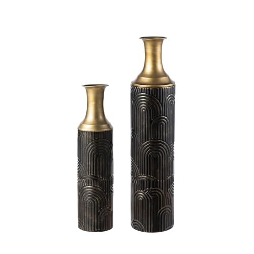 Glitzhome 26/20 Inches Metal Vases, Black Tall Floor Vases Set of 2 for Dried Flowers, Detachable Modern Black & Gold Floor Metal Decorative Vase for Centerpiece Living Room Ground Corner Home - color: Black Gold