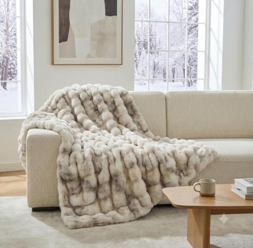 Faux Fur Throw Blanket for Couch, 50"x60" Double-Sided Soft Bubble Blanket - color: Gray Brown, size: Throw 50"x60"