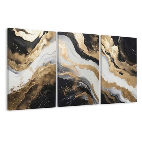 EJPFOGV Triptych Black White Gold Wrapped Canvas Wall Art 20x30 inches x3 | Wooden frame, UV-resistant ink, Giclée printing process, Pre-installed hooks make it easy to hang home or office wall decor - color: Gilded, size: 30"L x 20"W