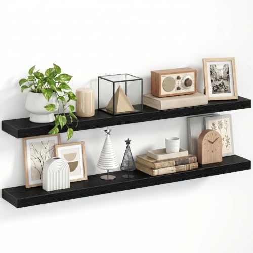 1.5" Thick Floating Shelves for Wall, 48"x6.5" Wall Mounted Shelf, Wall Storage Shelf,No Sag,Easy Install Wood Grain Shelf for Bedroom, Kitchen, Living Room & Hallway,Black,Pack of 2 - color: Black, size: 48"x 6.5"-Pack of 2