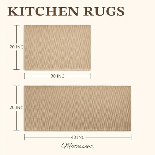 MatEssenz Kitchen Rugs Set of 2, 20" x 30" + 20" x 48" Non Slip Washable Kitchen Mats for Floor, Absorbent Low Profile Sink Runner, Durable Herringbone Woven Farmhouse Rug, Khaki - color: Khaki, size: 20"x30"+20"x48"