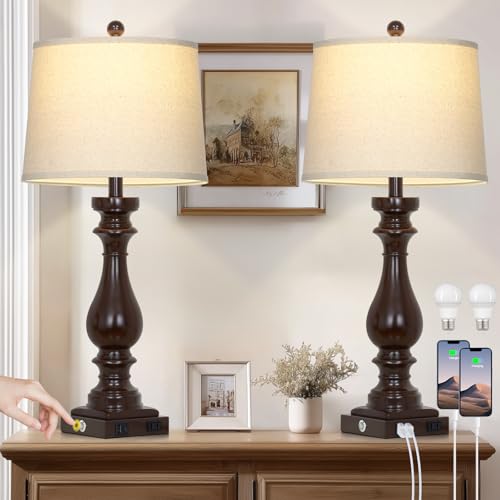Cinkeda 29" Tall Farmhouse Table Lamp for Living Room Set of 2,Vintage Retro Nightstand Lamps with USB C+A Ports & AC Outlet,3-Way Dimmable Touch Bedside Lamp for Bedroom Side Table,Dark Brown - color: Dark Brown