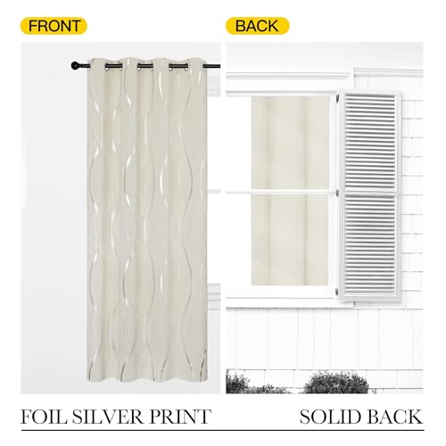 NICETOWN Beige Kitchen Curtains Small Blackout Panels 34 by 54 Inch, Set of 2, Window Treatment Thermal Insulated Solid Grommet Room Darkening Wave Line Foil Print Design Drapes for Cafe, Loft - color: 1 - Beige, size: 34"W x 54"L (Pack of 2)
