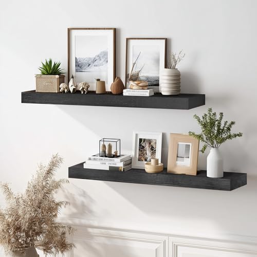 Solid Wood Floating Shelves, 36 Inch Wall Shelves, Set of 2, Black - color: Black, size: 36x8x1.6