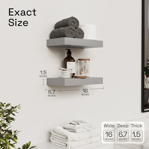 Solid Wood Floating Shelves for Wall 16 Inch Grey, Wooden Bathroom Shelf - color: Grey, size: 16 Inch