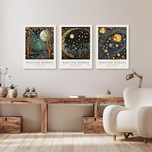 Hianan Wrapped Canvas William Morris Moon Star Wall Art Set of 3, 12x16 in - color: Dark Blue,Gold, size: 16"L x 12"W