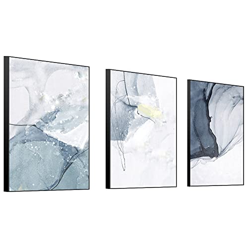Large Neutral Abstract Framed Canvas Wall Art Set of 3 - color: Blue and White