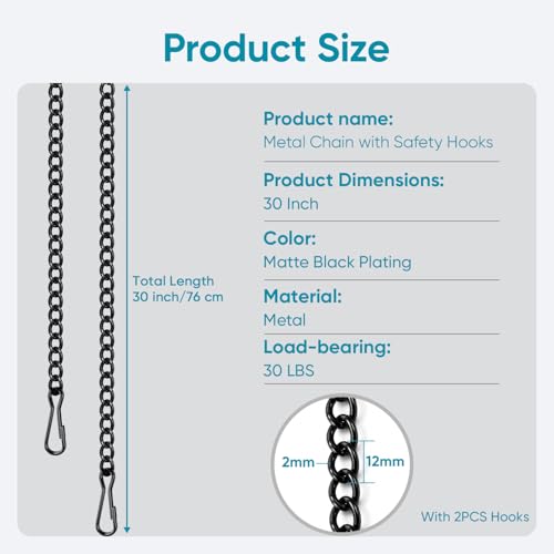 30 Inch Metal Chain for Hangings, Black Chains, with Safety Hooks - color: Black