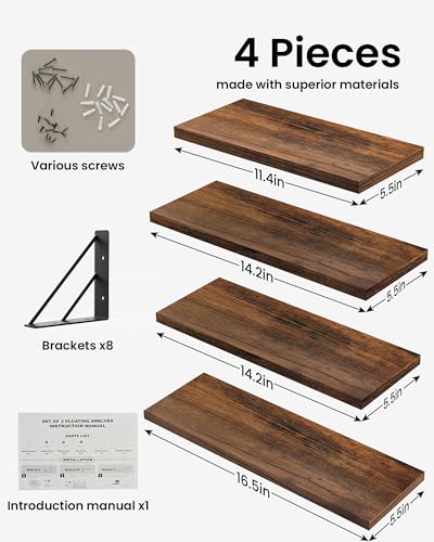 BAYKA Wall Mounted Floating Shelves (Rustic Brown, Set of 4, 16" Mixed) - color: C. Rustic Brown Board & Black Brackets, size: 16 inches Mixed