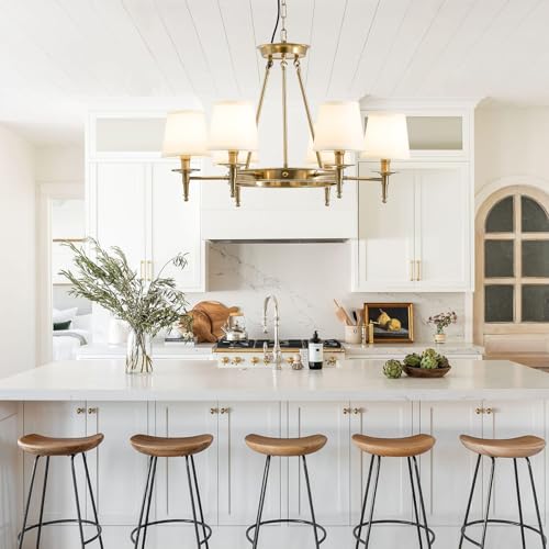 Brass Chandelier 6 Lights with White Fabric Linen Shade 29.52" W Gold Candle Pendant Light Fixture Modern Wagon Wheel Chandeliers for Dining Room Living Room Bedroom