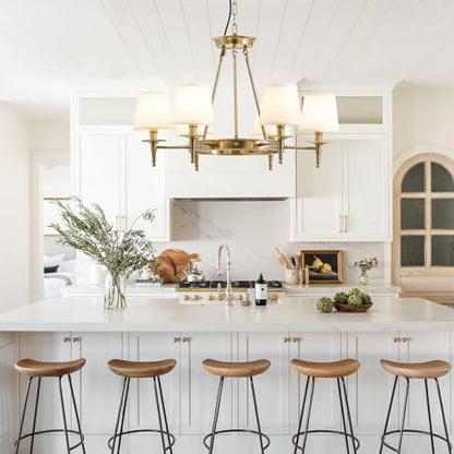 Brass Chandelier 6 Lights with White Fabric Linen Shade 29.52" W Gold Candle Pendant Light Fixture Modern Wagon Wheel Chandeliers for Dining Room Living Room Bedroom