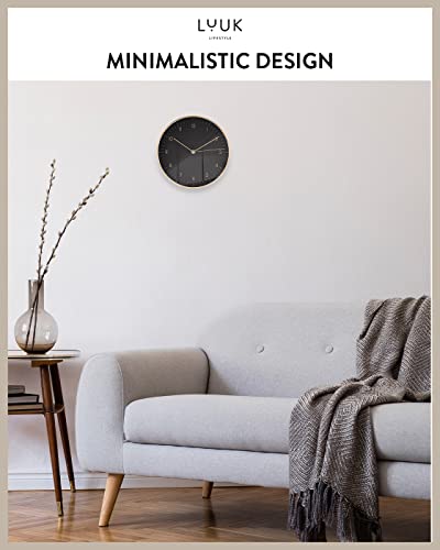 LUUK LIFESTYLE Modern Silent Quartz Wall Clock, 10in, Black & Gold | Chic & Minimalist, Non-ticking, Analog, Arabic numerals, Easy-to-read, Battery operated, for Living Room, Mantel, Foyer - color: Black & Gold, 10"