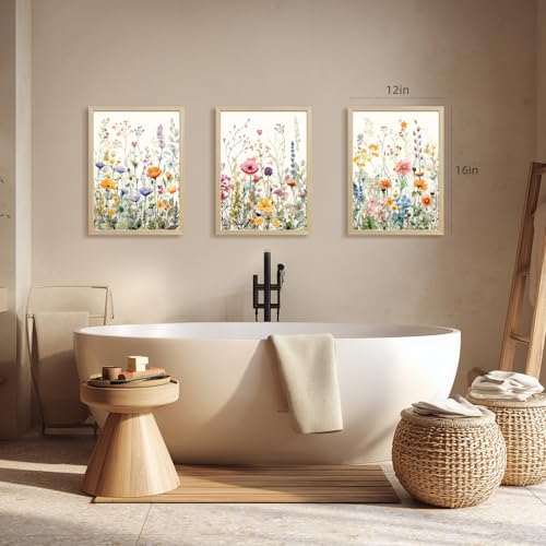 Grajoy Wood Framed Watercolor Botanical Floral Wall Art 16x24 Inch Set of 3 - color: Wildflower, size: 24"L x 16"W