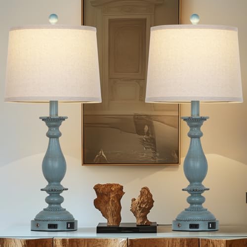 CINSARY 28" Tall Coastal Table Lamps for Living Room Set of 2, Farmhouse Rustic Blue Bedside Touch Lamp with USB C+A Ports & Outlet, 3-Way Dimmable Resin Nightstand Lamps for Bedroom Side End Table - color: Blue