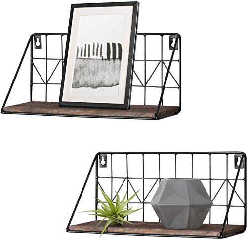 Mkono Floating Shelves Wall Mounted Set of 2 Rustic Wood Storage Display Shelf with Metal Wire Basket 11.4 Inches, Hanging Shelf for Bedroom Bathroom Living Room Kitchen Office, Brown,Small - size: Small