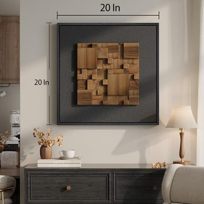 Framed 3D Textured Wood Wall Art for Living Room, Abstract Geometric 20x20 - color: Black and Walnut-B, size: 20"L x 20"W