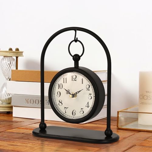 Vintage Metal Table Clock, Farmhouse Table Clock, Small Black Silent Non-Ticking Battery Operated Desk and Shelf Clocks for Home Kitchen Living Room Bedroom Decor - color: Black