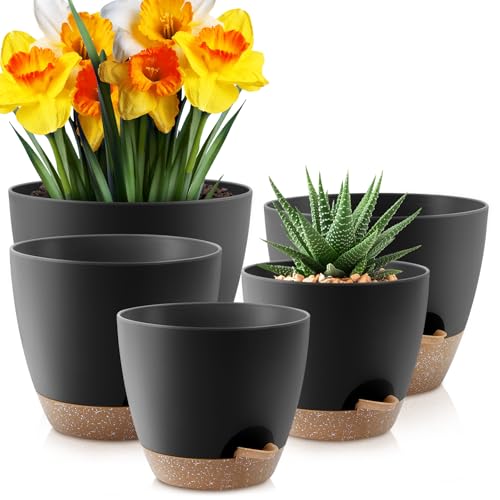YNNICO Plant Pots 10/9/8/7.5/7 inch, Self Watering Planters with Drainage Holes & Saucers for Indoor and Outdoor Plants (Black) - color: Black, size: 10/9/8/7.5/7 inch