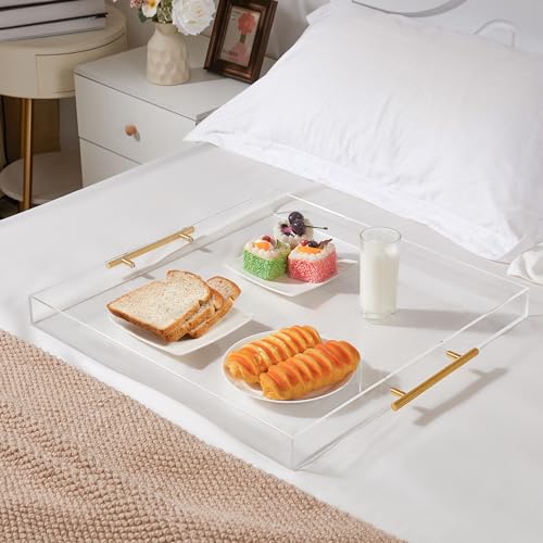 Extra Large Clear Acrylic Serving Tray (21×21 Inches) with Gold Handles Spill Proof Acrylic Over Size Big Decorative Tray Organiser for Ottoman Coffee Table Countertop - size: 21×21 Inches