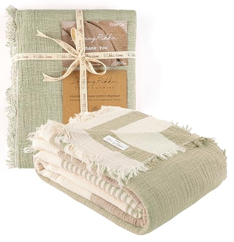 100% Cotton Muslin Blanket, Large Queen Size, Soft Breathable Gauze Bed Blanket & Coverlet, 3 Layer 2 Ply, Lightweight All Season Bedding, 83 x 89 in, Sage Green Stripe - color: Sage Green, size: Large Queen