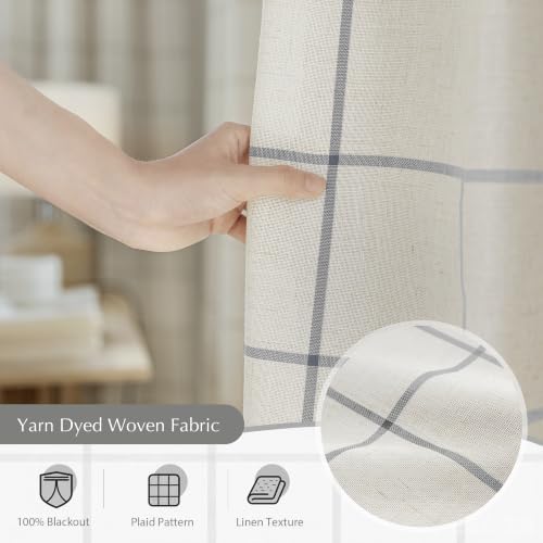 DriftAway 100% Blackout Plaid Linen Curtains 84 Inches Long 2 Panels Gray - color: Grey, size: 52"W x 84"L (Pack of 2)