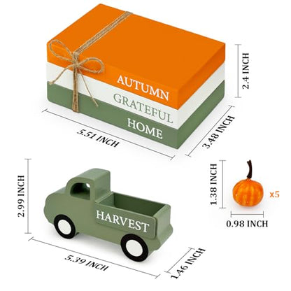 Fall Decorations for Home Indoor, Thanksgiving Wooden Farmhouse Harvest Decor Signs with Book Stack, 3D Truck, 5 Pumpkins for Office Table Tiered Tray, Autumn Centerpiece Gifts for Bedroom Desk - style: Wooden Truck