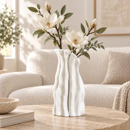 White Tall Ceramic Vase Set of 2, Sculptural Mountain Decor, Matte Finish - color: Cool White