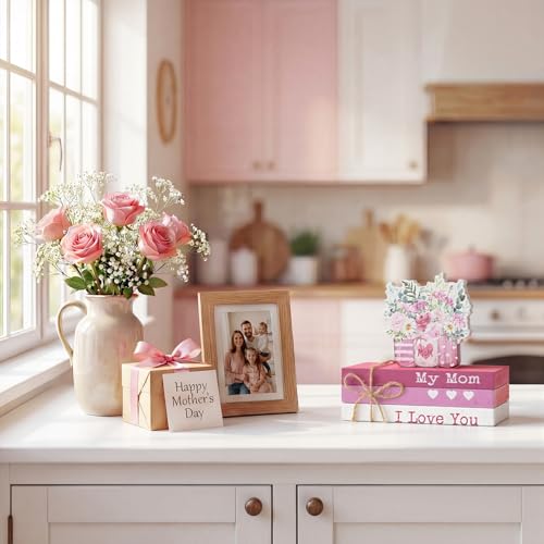 Smile 4pcs Mother's day Indoor Decorations Wooden Decor Table Centerpiece Love My Mom Wooden Plaque Ornaments for Home Kitchen - style: Mother’s day