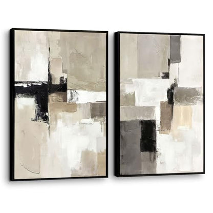 SAFERRYHOME Neutral Abstract Beige,Gray and Black Wall Art Set of 2,16"x24" - color: Neutral, size: 16" x 24" x 2 Panel Framed