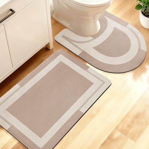 ACCUMTEK Non Slip Bath Mat, Thin Bathroom Rugs Fit Under Door, Quick Dry Bath Mats, Machine Washable Bath Rugs for Bathroom, Bathtub & Kitchen, Light Brown/Bordered/24 x17+ 24"x20" Contour Rug - color: Light Brown, size: 24"x17"+ 24"x20" Contour Rug