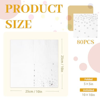 80 Pack of White Paper Cocktail Napkins with Gold Foil Polka Dot Confetti，Polka Dot Party Supplies(5 x 5 in，3-ply) (Silver) - style: Silver Dot