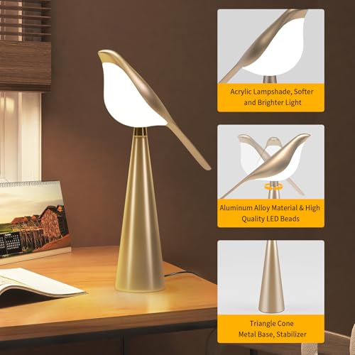 Small Desk Lamp, Bird Lamp, 10 Level Dimmable Brightness Bedside Night Light, Bedroom Table Lamp for Dorm, Office, Gifts, Reading, 3 Colors, Metal Finish, Gold, 360° Rotation - color: Champagne color