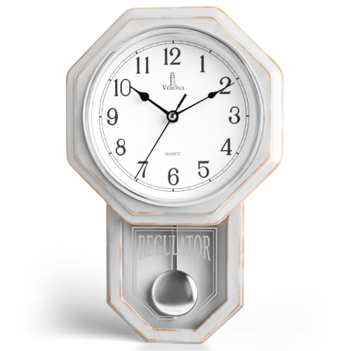Pendulum Wall Clock, Real Wood Regulator Clock, White, Quiet Non-Chiming - color: Rustic White With Arabic Numerals