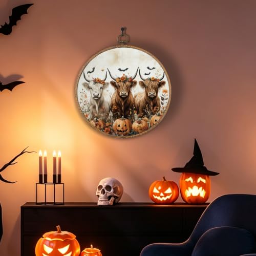 Halloween Highland Cow Pumpkin Round Wall Art, Halloween Picture Wall Decor - color: Highland Cow-2
