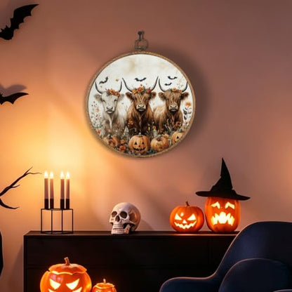 Halloween Highland Cow Pumpkin Round Wall Art, Halloween Picture Wall Decor - color: Highland Cow-2