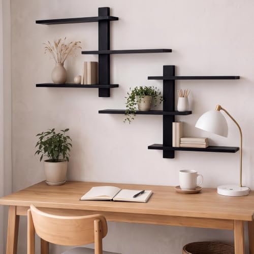 Pinkunn 2 Pack Floating Wall Shelf Mid Century Decor, Black, 3 Tier - color: Black