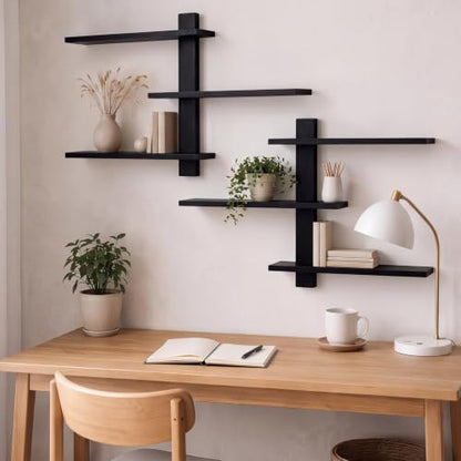 Pinkunn 2 Pack Floating Wall Shelf Mid Century Decor, Black, 3 Tier - color: Black