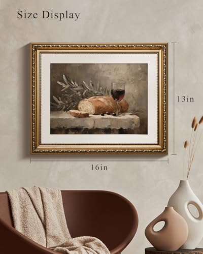 VIYYIEA Gold Framed Christian Olive Branch Canvas Wall Art, 13×16 Inch - color: Bread Wine Still Life, size: 16"L x 13"W