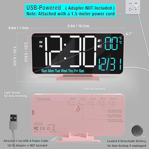 KOSUMOSU Clock for Bedroom, 6.7in Digital Alarm Clock, Auto Dimming, Room Temperature, Day of The Week, Seconds, Date, Alarm Clocks for Bedrooms, Digital Clocks for Living Room - color: Pink (White + Blue Digits)