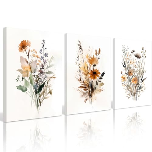 Botanical Wall Art Set of 3 Floral Wall Decor Prints Vintage Canvas Wall Art Wildflower Watercolor Pictures Farmhouse Artwork Floral Modern Painting for Bathroom Bedroom 12x16 Inch Framed - color: Colorful Flower Prints, size: 12x16 Inch Wrapped Canvas