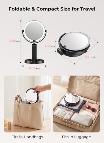 Lighted Travel Makeup Mirror,1X/10X Magnification,3 Light Modes,Black - color: Black